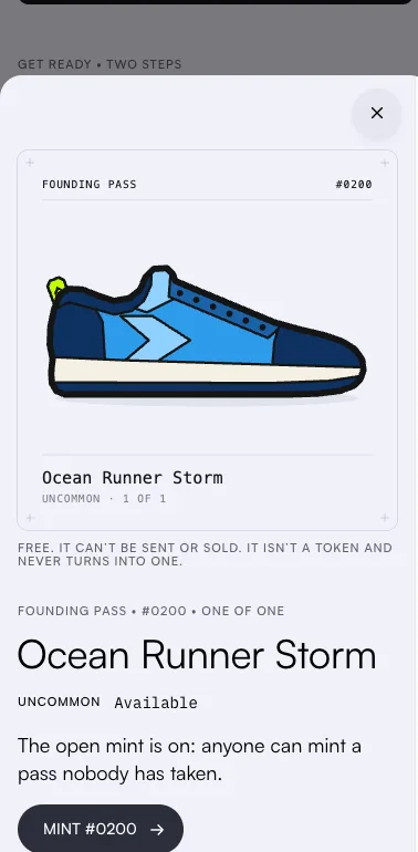 A pass open on a phone: Founding Pass #0200, Ocean Runner Storm, “The open mint is on: anyone can mint a pass nobody has taken.” and a Mint #0200 button.