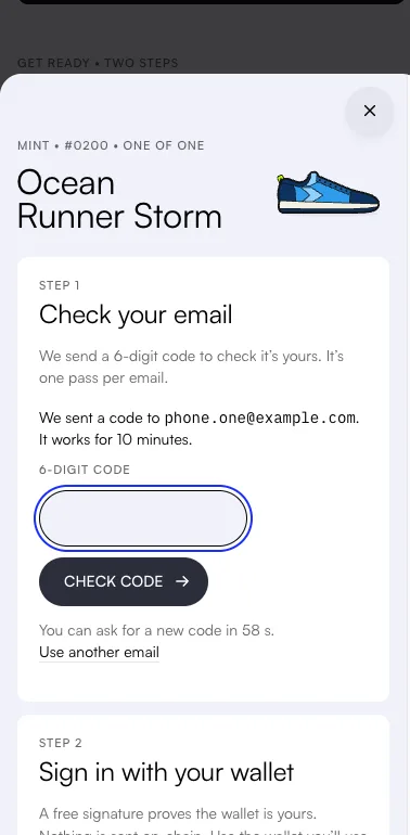 The email step after Send code: “We sent a code to phone.one@example.com. It works for 10 minutes.”, a 6-digit code box and a Check code button.