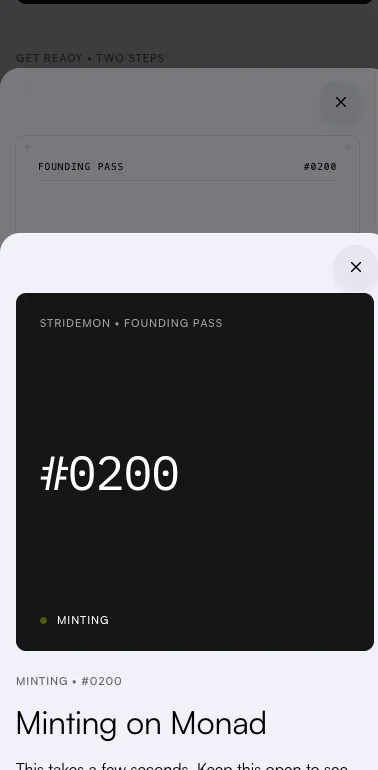 Minting on Monad: a dark card with #0200 and “Minting”, and “This takes a few seconds. Keep this open to see your founder number.”