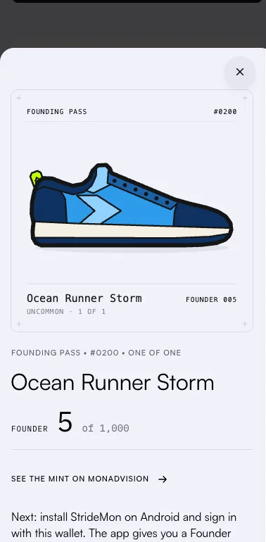 The minted pass: Ocean Runner Storm, Founder 5 of 1,000, with a link to see the mint on MonadVision.