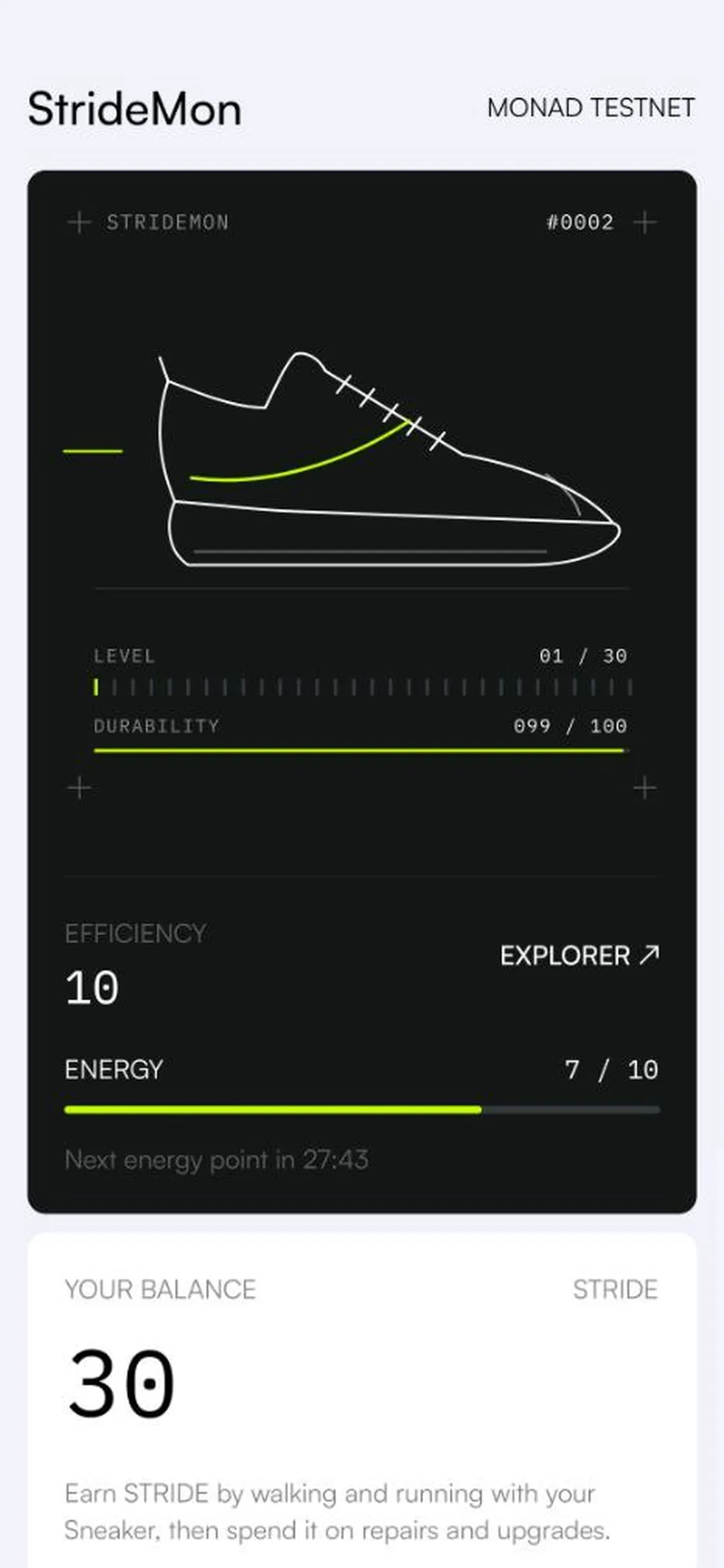StrideMon Home screen: Sneaker #0002’s on-chain picture at level 1 with durability 99, efficiency 10, energy 7 of 10 with the next point in 27 minutes, and a balance of 30 STRIDE.