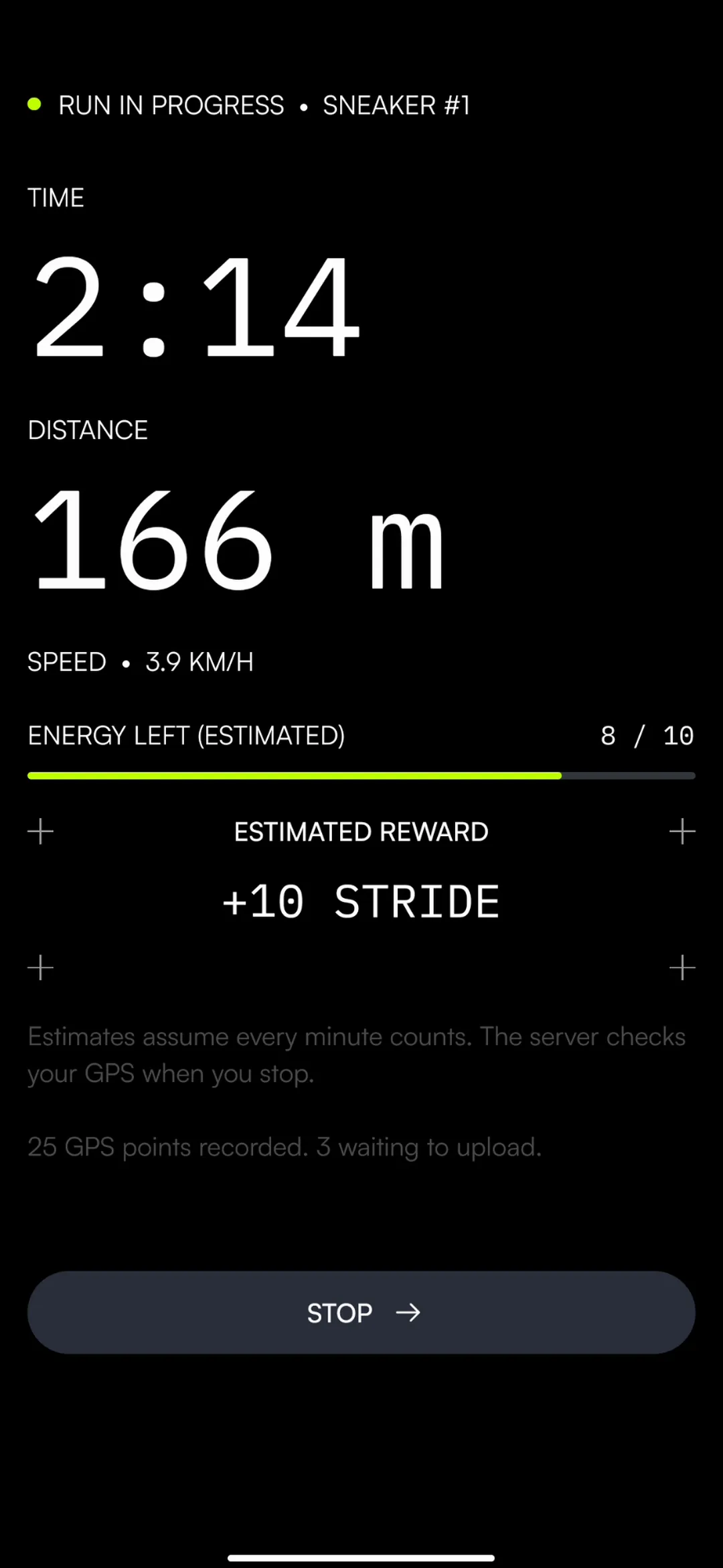 Active run screen on black: 2:14 elapsed, 166 m walked at 3.9 km/h, 8 of 10 energy left, an estimated reward of 10 STRIDE, and a STOP button.