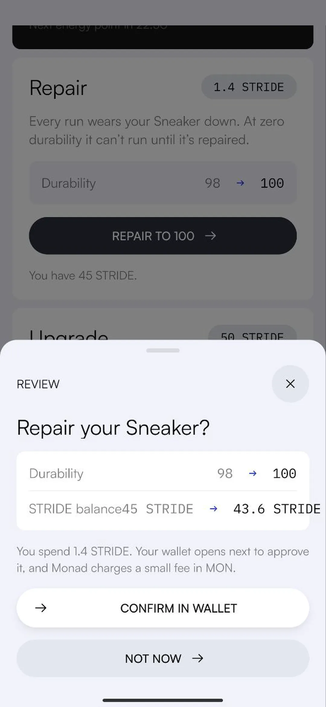 Review sheet before a repair: durability 98 to 100, the STRIDE balance going from 45 to 43.6, with Confirm in wallet and Not now buttons.
