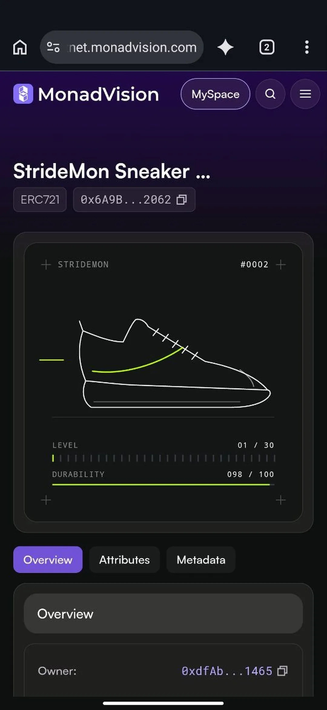 MonadVision explorer page for StrideMon Sneaker #0002 (ERC-721), showing the same on-chain picture as the app.